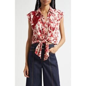 Cinq a Sept Mari Floral Ribbons Tie Front Blouse Red Sleeveless NWT Medium